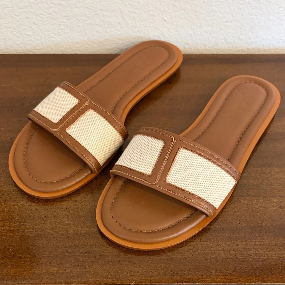 JCrew Elegant Slide sandals in Rich Oak canvas and leather 7.5 - Picture 2 of 9